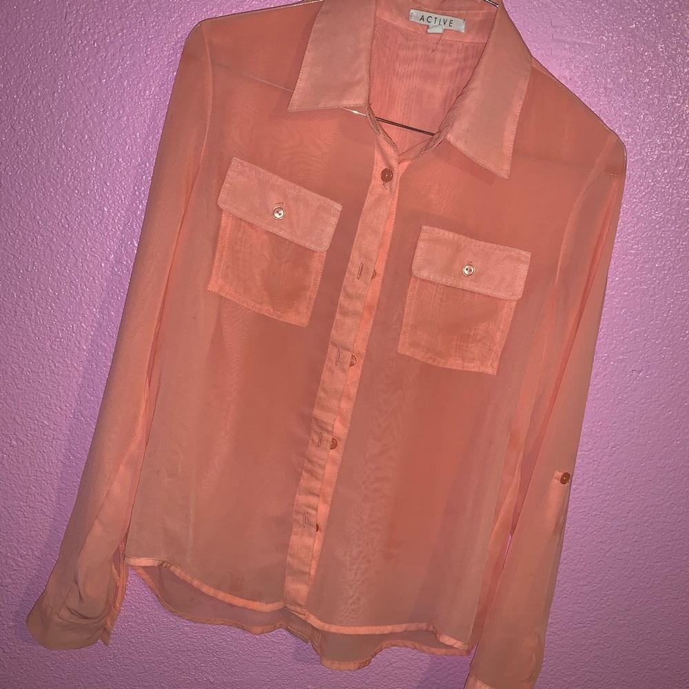 Active Button Up Sheer Blouse Coral - Small